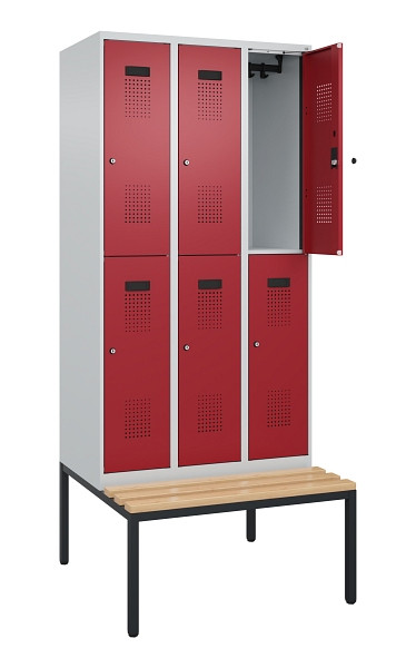 C+P Doppelstock-Spind Evolo PLUS, Bank, 6 Fächer, 2120x900x815mm, 7035/3003, Zylinderschloss, Sitzfläche Buche-Hartholz, Sitzbank, 0493507-30 S10031