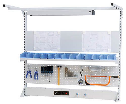 Bedrunka+Hirth Multi-Wand-Aufbau workline mit Obergestell, 1x Energiekanal, 1x Lochwand, 1x Magnetwand, 1x Fachboden, 1500 x 750 x 1250 mm, 03.9001520WL