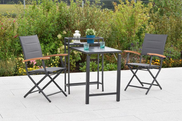 Merxx Paxos Set 3-teilig, 2 Paxos Klappsessel, gepolstert, graphit/grau, 1 Balkonklapptisch, Tischplatte aus Aluminium, 51002-307