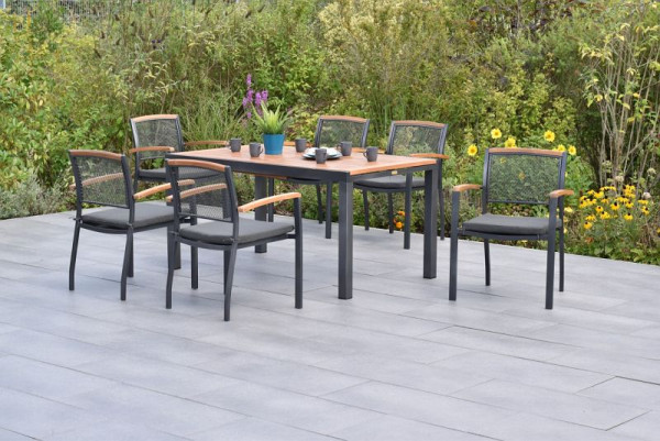 Merxx Tilos Set 13-teilig, 6 Tilos Stapelsessel, 6 Sitzkissen in grau, 1 Ausziehtisch 150 (200) x 90 cm, Tischplatte aus Akazienholz, 50793-800