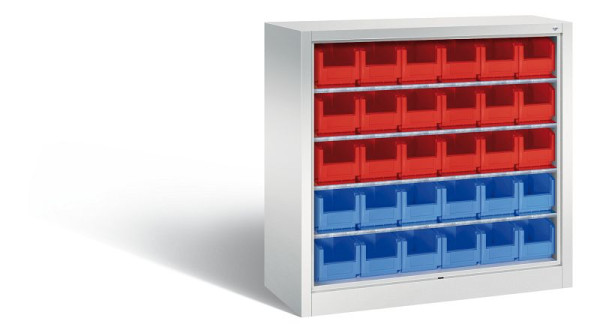 C+P Stahlregal mit Rückwand Serie 13, H1000xB1000xT420 mm, Grau, 4 Einlegeböden, 30 Sichtlagerkästen, 133944-02 S10000