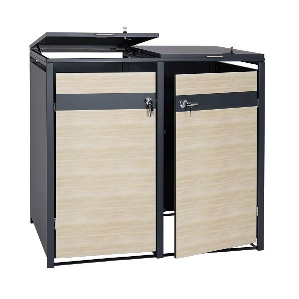 Mendler 2er Mülltonnenverkleidung HWC-J82, Mülltonnenbox, erweiterbar, Metall 50kg, anthrazit, Buche-Holzoptik hellbraun, 83357+83358