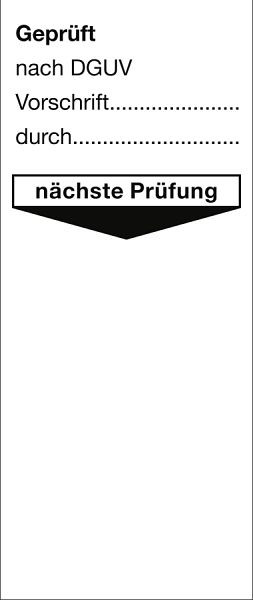 Moedel Grundplakette Geprüft nach DGUV Vorschrift durch nächste Prüfung, Folie, 40x95 mm, VE: 10 Stück/Bogen, 95428