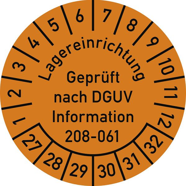 Moedel Prüfplakette Lagereinrichtung DGUV-208-061, 2027-2032, Folie, Ø 30mm, VE: 10 Stück/Bogen, 108319
