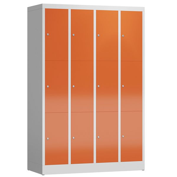 Lüllmann ClassiX Schließfachschrank, 4 Abteile à 3 Fächer, 1800 x 1185 x 500 mm, lichtgrau/feuerrot, X-520344