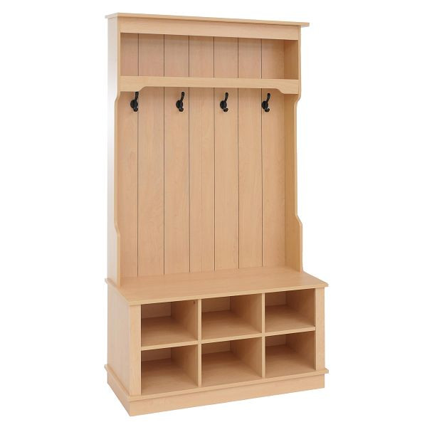 Mendler Garderobe HWC-P26, Flurgarderobe Holzgarderobe Sitzbank, 4 Haken Staufach Ablage Melamin 170x100x39cm, natur, 118664+118665