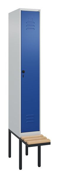 C+P Umkleidespind Classic PLUS, 2120x300x815mm, 7035/5010, Drehriegel, Buche-Sitzleisten, 3 Doppel-Haken, 0800407-10 S10003