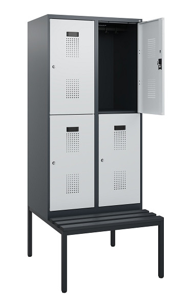 C+P Doppelstöckiger Spind Evolo PLUS, Bank, 4 Fächer, 1950x800x815mm, 7016/7035, Zylinderschloss, Sitzfläche Kunststoff, Sitzbank, 0493505-22 S10152