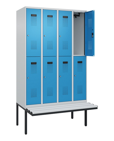 C+P Doppelstock-Spind Evolo PLUS, Bank, 8 Fächer, 2120x1200x815mm, 7035/5012, Zylinderschloss, Sitzfläche Kunststoff, 0493407-40 S10115