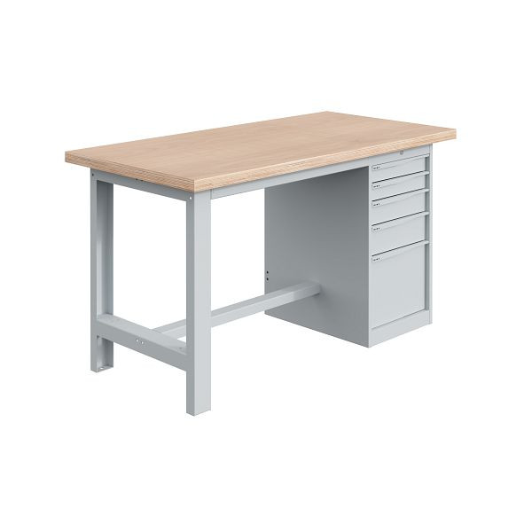 SOFAME SI Werkbank, 1800x750x840mm, Multiplex-Platte 40 mm mit Unterbau-Container 1 Schublade 75 + 4 Schubladen 150mm, Lichtgrau RAL 7035, W010010721GC