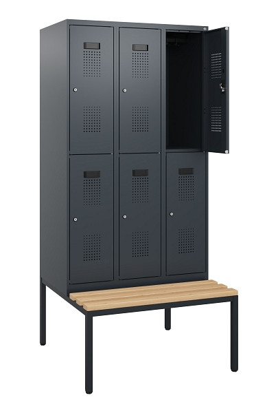 C+P Doppelstöckiger Spind Evolo PLUS, Bank, 6 Fächer, 1950x900x815mm, 7016/7016, Zylinderschloss, Sitzfläche Buche-Hartholz, Sitzbank, 0493505-30 S10043