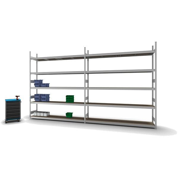 hofe Großfach-Grundregal, 3000x500x2500 mm, 5 Fachebenen, Spanplatte verzinkt, 350 kg Fachlast, 2000 kg Feldlast, zweiseitige Bedienung, GZG30525S