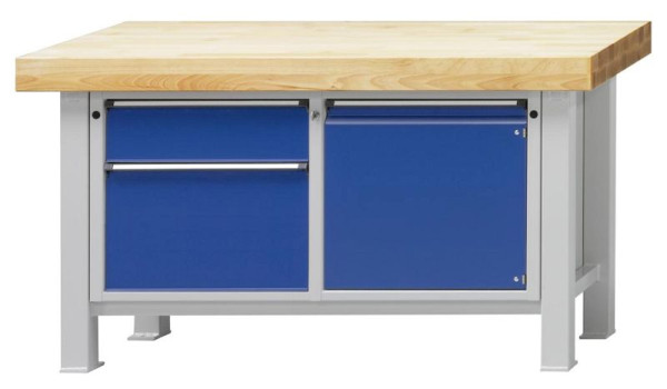 ANKE Werkbänke Schwerlastwerkbank; 1500x800x900 mm; RAL 7035/5010; Buche-Massiv-Platte 100 mm; Links 2 Schubladen 180, 360 mm; Rechts 1 Tür 540 mm, 322.023