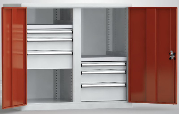KLW Universalschrank 1000x1108x656mm (HxBxT) mit abschließbaren Flügeltüren, Mitteltrennwand, 2 Fachböden (100 kg Tragkraft), 7FS-PP1000TD-0001MPB
