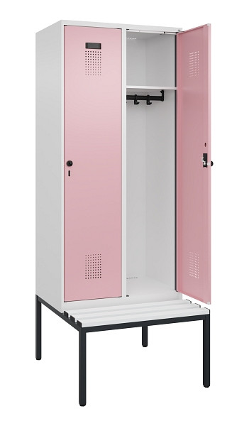 C+P Spind Evolo PLUS, 2 Abteile, 2120x800x815mm, 9016/3015, Haken 4, Drehriegel, Sitzfläche Kunststoff, Sitzbank, 0490507-22 S10072