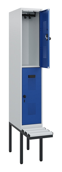 C+P Doppelstock-Spind Evolo PLUS, Bank, 2 Fächer, 1950x300x815mm, 7035/5010, Drehriegel, Sitzfläche Kunststoff, 0493405-10 S10093