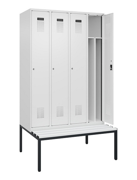 C+P Spind Evolo PLUS, 4 Abteile, 2120x1200x815mm, 9016/9016, Haken 4, Zylinderschloss, Sitzfläche Kunststoff, Sitzbank, 0490507-40F S10100