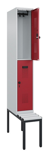 C+P Doppelstock-Spind Evolo PLUS, Bank, 2 Fächer, 2120x300x815mm, 7035/3003, Drehriegel, Sitzfläche Kunststoff, Sitzbank, 0493507-10 S10085