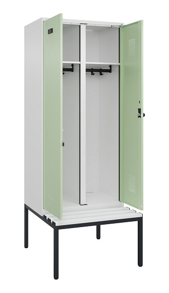 C+P Schwarz-Weiß-Spind Evolo PLUS, Bank, 2 Abteile, 2120x800x815mm, 9016/6019, Drehriegel, Sitzfläche Kunststoff, Sitzbank, 0490527-22 S10073