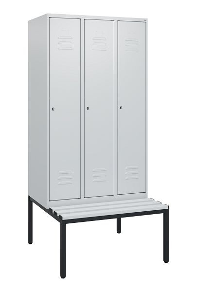 C+P Umkleidespind Classic PLUS, mit untergebauter Sitzbank, 3 Abteile, 1950x900x815mm, 7035/7035, Zylinderschlösser, 0800505-30 S10054