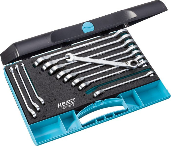 Hazet Knarren Ring-Maulschlüssel Satz, Außen-Doppel-Sechskant-Tractionsprofil, 8 - 19, Anzahl Werkzeuge: 12, 606N/12