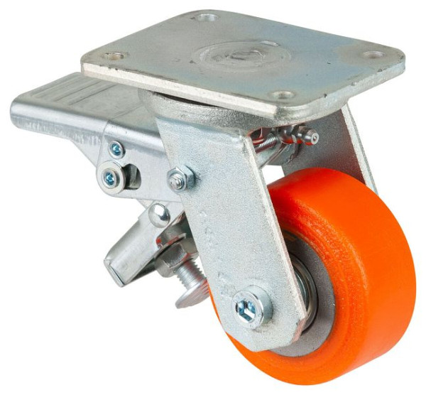 BS Rollen Schwerlastrolle mit Rad-/Feststeller, Breite 36 mm, Ø80 mm, bis 250 kg, Guss-Polyurethan 95 Shore A, Körper Guss, Kugellager, RR120.C10.080