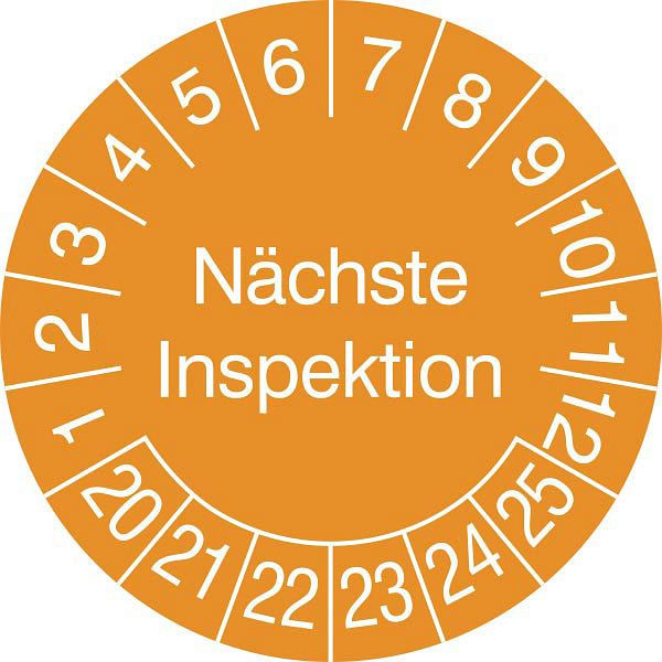 SafetyMarking Prüfplakette - mit Jahresfarbe, Nächste Inspektion, Prüfzeitraum: 20-25, Ø 3 cm, Folie, selbstklebend, VE: 15 Stück/Bogen, 30.0789-20-25