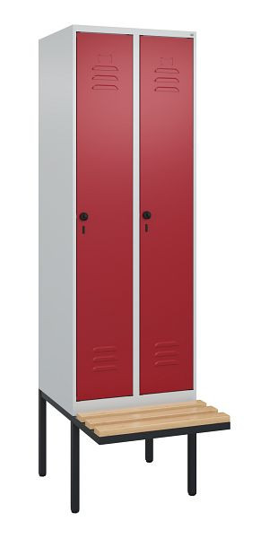 C+P Umkleidespind Classic PLUS, 2 Abteile, 2120x600x815mm, 7035/3003, Drehriegel, Buche-Sitzleisten, je 2 Doppel-Haken, 0800407-20F S10001