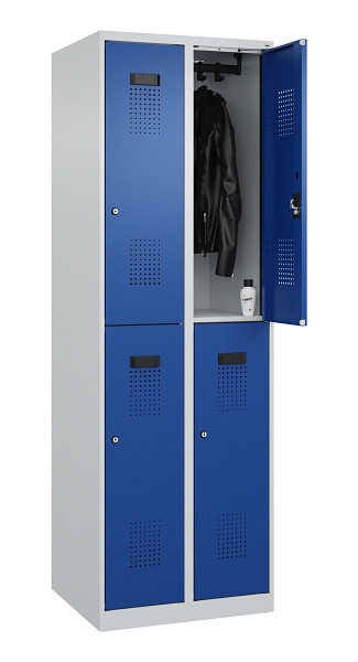 C+P Doppelstöckiger Spind Evolo PLUS, 4 Fächer, 1850x600x500mm, 7035/5010, Zylinderschloss, 049300-20 S10033