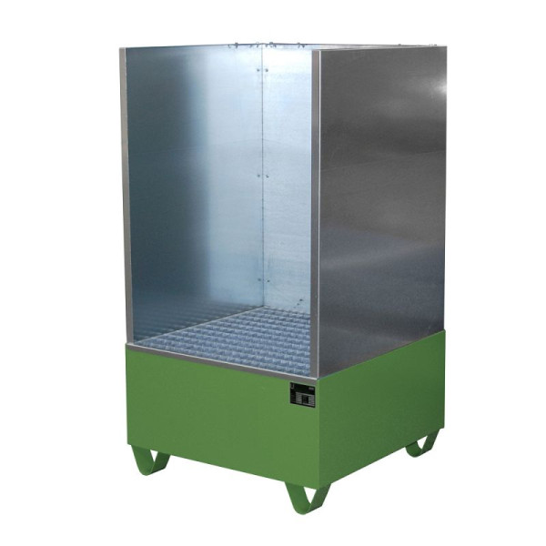 STEIN HGS Auffangwanne Serie 2000/SW, mit Spritzschutzwand, 203 Liter, RAL 6011 resedagrün, Gesamthöhe 1460 mm, lackiert, 2 x 200 Liter Fass, 79195.0004