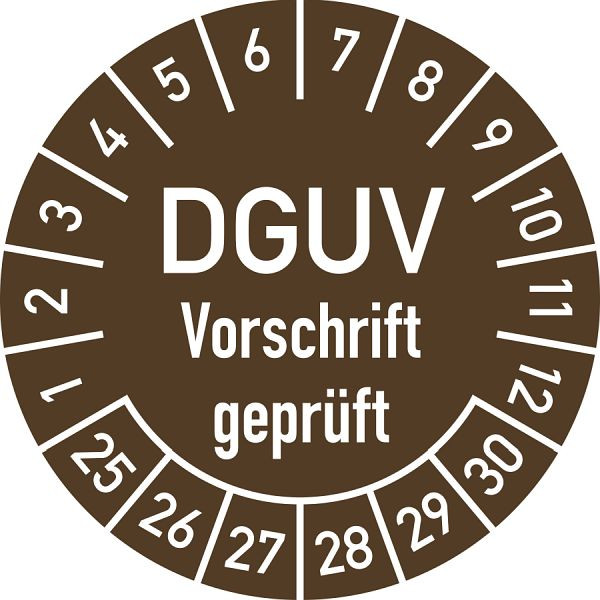 Moedel Prüfplakette DGUV Vorschrift geprüft, 2025-2030, Folie, Ø 25 mm, VE: 10 Stück/Bogen, 106320