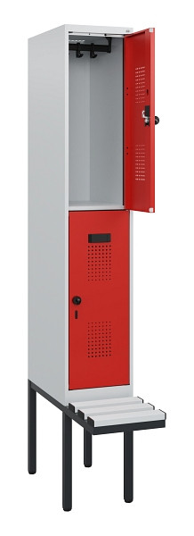 C+P Doppelstock-Spind Evolo PLUS, Bank, 2 Fächer, 1950x300x815mm, 7035/3020, Drehriegel, Sitzfläche Kunststoff, 0493405-10 S10091