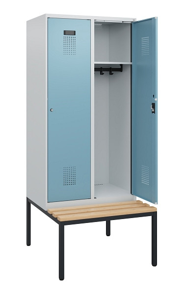 C+P Spind Evolo PLUS, 2 Abteile, 1950x800x815mm, 7035/0010, Zylinderschloss, Sitzfläche Buche-Hartholz, Sitzbank, 0490505-22 S10035