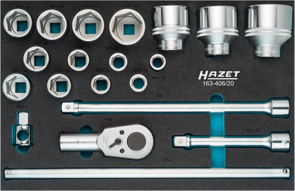 Hazet Steckschlüssel Satz, Vierkant hohl 20 mm (3/4 Zoll), Außen-Sechskant Profil, Anzahl Werkzeuge: 20, 163-406/20