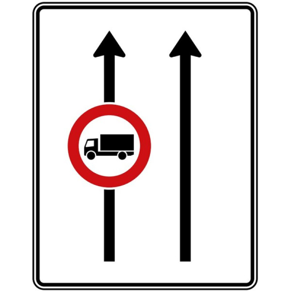 Stein HGS Fahrstreifentafel ohne Gegenverkehr, 2 Streifen in Fahrtrichtung, 1 Streifen mit Verbot für Kraftfahrzeuge über 3,5 t Nr. 524-30, RA2/Flachform 2mm, 1600x1250mm, 524-30-121