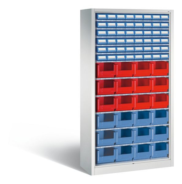 C+P Stahlregal mit Rückwand Serie 13, H1980xB1000xT420 mm, Grau, 11 Einlegeböden, 72 Sichtlagerkästen, 133144-09 S10001
