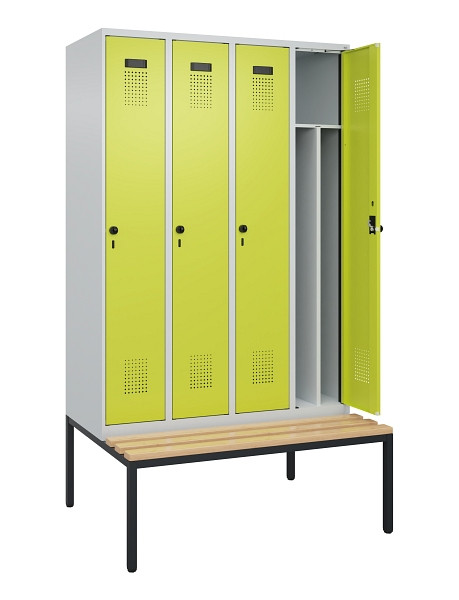 C+P Spind Evolo PLUS, 4 Abteile, 2120x1200x815mm, 7035/0024, Haken 4, Drehriegel, Sitzfläche Buche-Hartholz, Sitzbank, 0490507-40F S10015