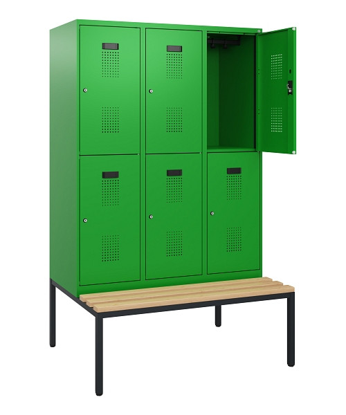 C+P Doppelstöckiger Spind Evolo PLUS, Bank, 6 Fächer, 1950x1200x815mm, 6037/6037, Zylinderschloss, Sitzfläche Buche-Hartholz, Sitzbank, 0493505-32 S10077