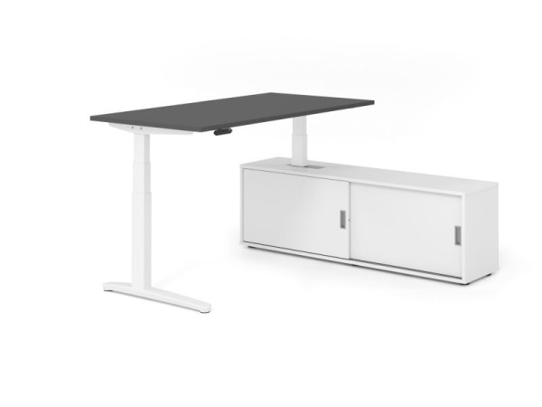 Hammerbacher Schreibtisch XBHM16, 160x80cm, Platte: Graphit, 25mm dick, C-Fuß Gestell Weiß, Höhe: 65 - 129 cm, Weiß / Weiß, VXBHM16SB/G/W/W/W