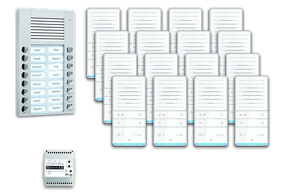 TCS Türkontrollsystem audio:pack AP für 16 Wohneinheiten, mit Außenstation PES 16 Klingeltasten, 16x Freisprecher ISW5031, Steuergerät BVS20, PAAF162/001