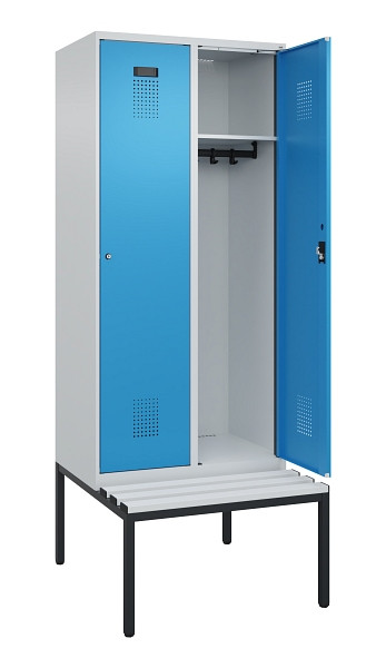 C+P Spind Evolo PLUS, 2 Abteile, 2120x800x815mm, 7035/5012, Haken 4, Zylinderschloss, Sitzfläche Kunststoff, Sitzbank, 0490507-22 S10088