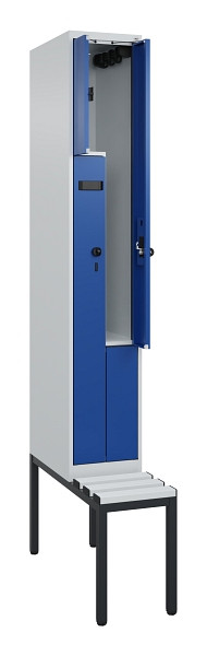 C+P Z-Spind Evolo PLUS, Bank, 2 Fächer, 2120x300x815mm, 7035/5010, Drehriegel, Sitzfläche Kunststoff, Sitzbank, 0490537-102 S10060