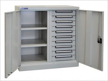 ADB Universalschrank mit zwei Fachböden und zehn Schubladen, Maße HxBxT: 1000x950x500 mm, Farbe Komplett: grau, RAL 7035, 40854