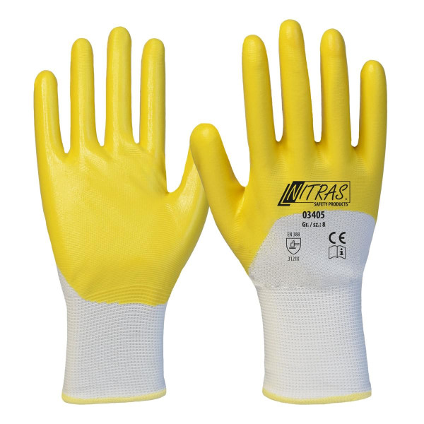 NITRAS Nitrilhandschuhe, Polyester, weiß, Nitril-Beschichtung, gelb, 3/4-beschichtet, Größe: 9, VE: 144 Paar, 03405-9