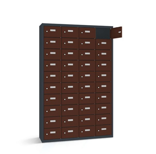 Rotstahl Wertfachschrank, 40 Fächer, Tür einwandig, kurzer Sockel, Korpus: anthrazitgrau, Türen: mahagoni, 2161-041003-1151112-7016-8016