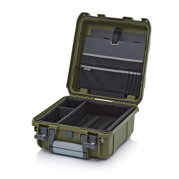 Auer Schutzkoffer Pro Trolley, Olivgrün, mit 2 gleichschließenden Schlössern, Laptopeinsatz 13" mit Deckeltafel Band grau, CP S 4422 B3-6003