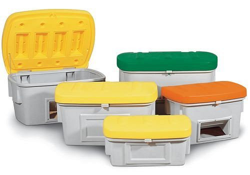 DENIOS Streugutbehälter SB 100 aus Polyethylen (PE), 100 Liter Volumen, Deckel gelb, 136-420