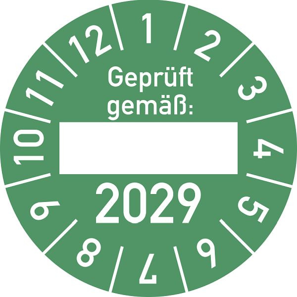 Moedel Prüfplakette Geprüft gemäß: 2029, Folie, Ø 30 mm, VE: 10 Stück/Bogen, 108169