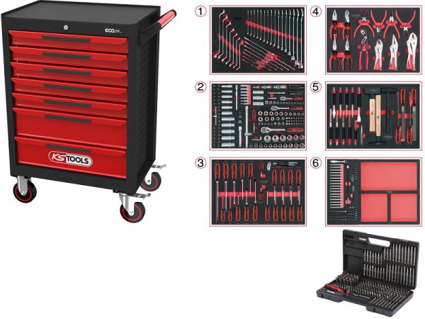 KS Tools ECOline SCHWARZ/ROT Werkstattwagen mit 7 Schubladen und 598 Premium-Werkzeugen, 897.7598