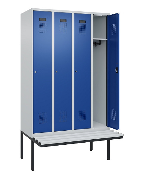 C+P Spind Evolo PLUS, 4 Abteile, 2120x1200x815mm, 7035/5010, Haken 3, Zylinderschloss, Material Sitzfläche Kunststoff, 0490407-40 S10087
